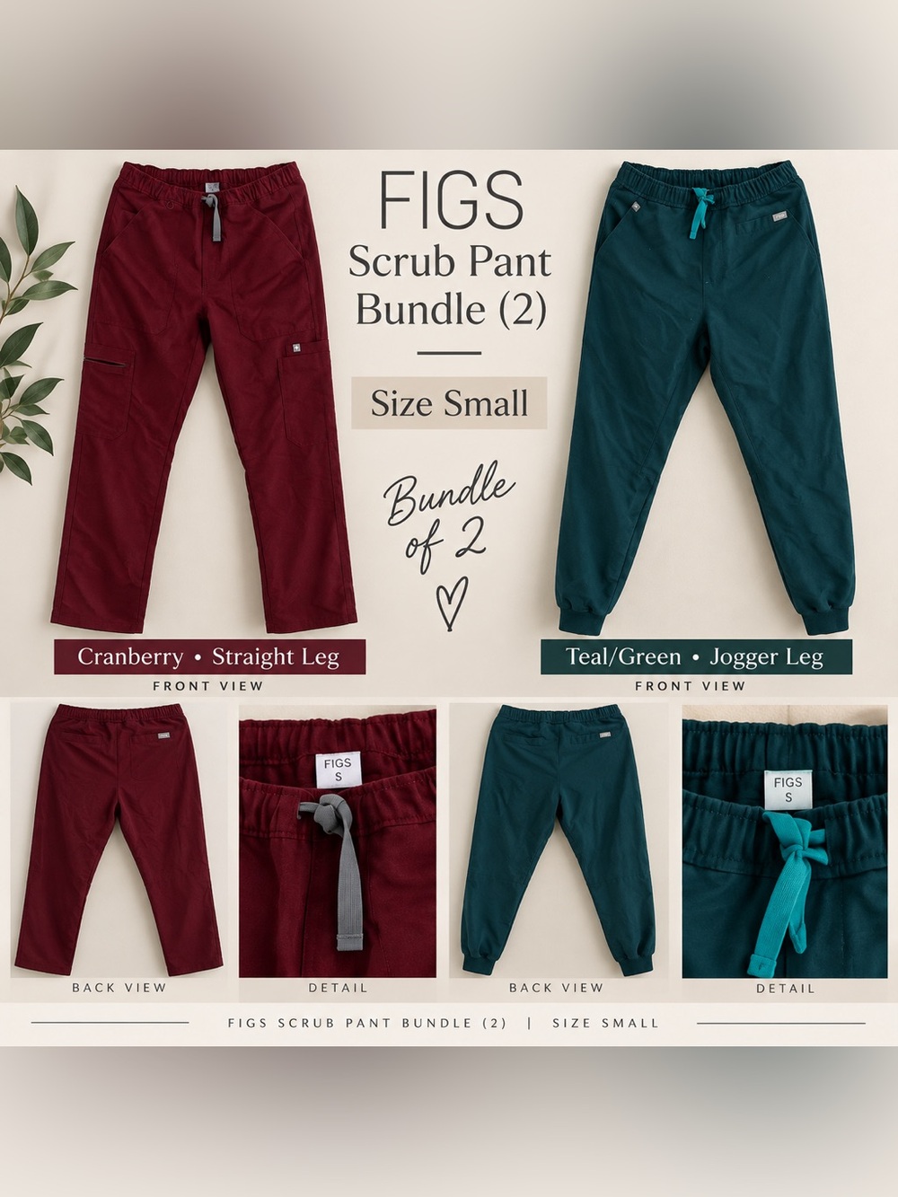 Figs Women’s 2 Pair Pant Bundle [Small] Cranberry & Teal